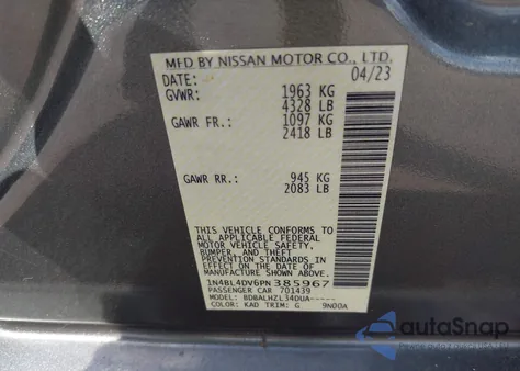 2023 Nissan Altima Sv Fwd из США, поврежденный, VIN 1N4BL4DV6PN385967